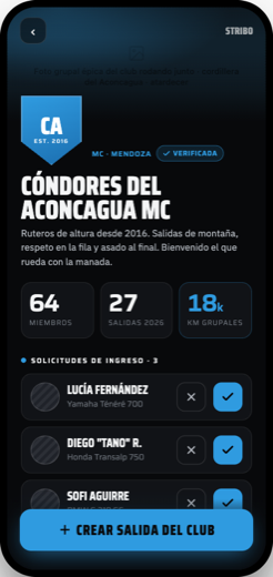 Pantalla de escudería: club verificado con miembros y salidas