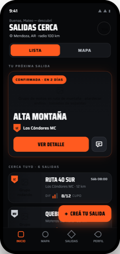 Pantalla de descubrir salidas cerca en Mendoza